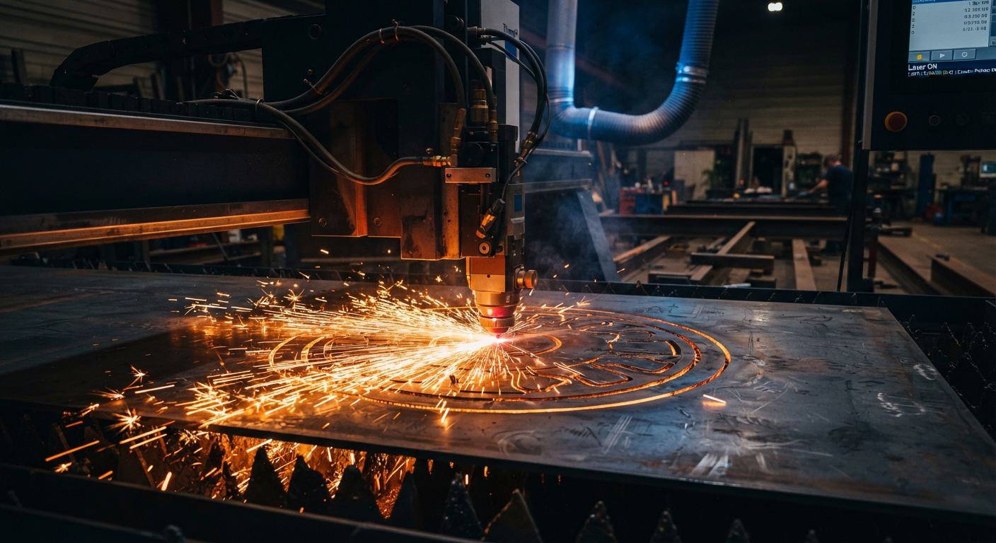 Découpe laser d'une plaque d'acier dans l'atelier de métallerie