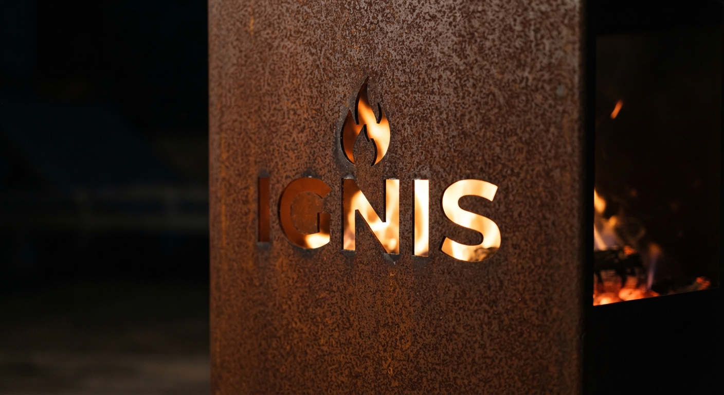 Logo d'entreprise découpé au laser dans la paroi en acier corten d'un brasero